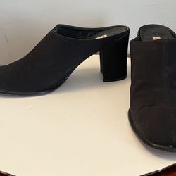Enzo Angiolini Black Mules Slip On Heels Women 7.5 Fabric & Leather Rounded Toe