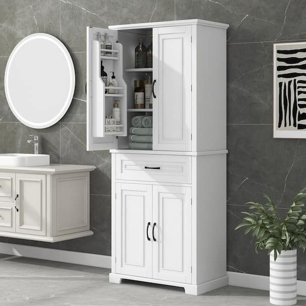 29.9 in. W x 15.7 in. D x 72.2 in. H White Linen Cabinet with Doors and Drawer Multiple Storage Space Adjustable Shel