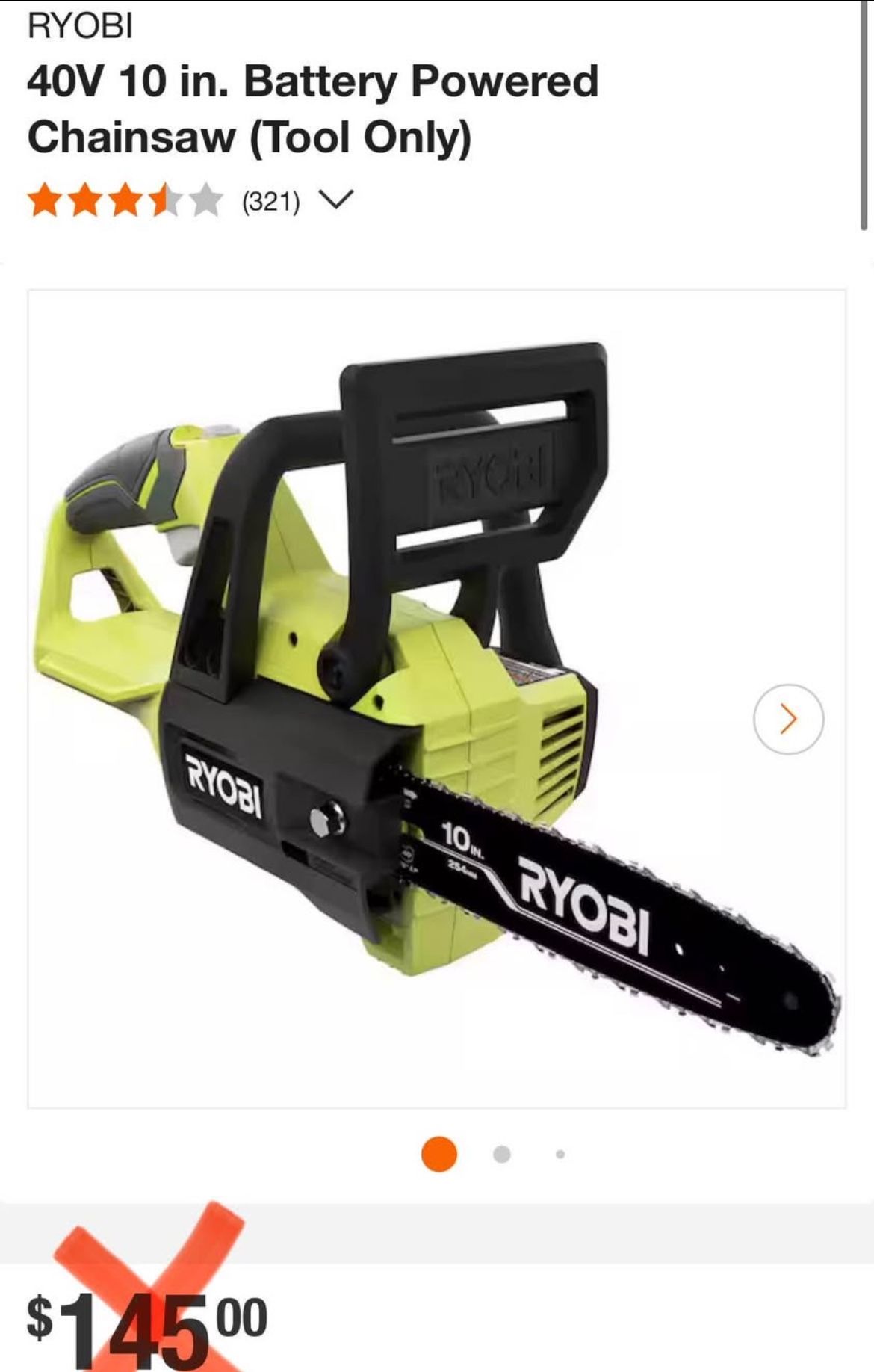 RYOBI 40V 10 in. Battery Powered Chainsaw (Tool Only)