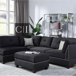 New Black Sectional  Sofa Couch Ottoman 