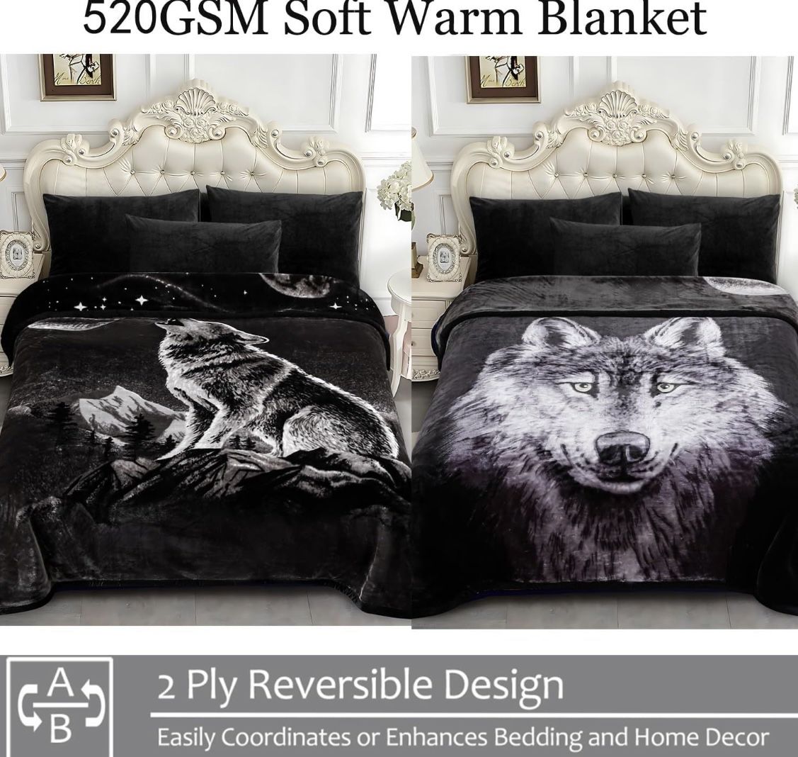 Brand New - 5 LB Blanket Queen 75' x 87' - 2 Ply Reversible 520GSM Plush Flannel, Moon Wolf/Wolf