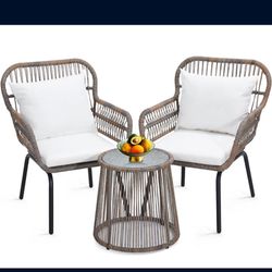 3 Pieces Rattan Wicker Bistro Set, Outdoor Conversations Set, Wicker Furniture Set with Glass Top Table, Space Saving for Balcony, Backyard, Natural  