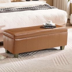 41" Faux Leather Storage Ottoman, Stitch Tufted Rectangle Upholstered End of Bed Storage Bench, Entryway Large Couch Ottoman with Wooden Legs,Brown