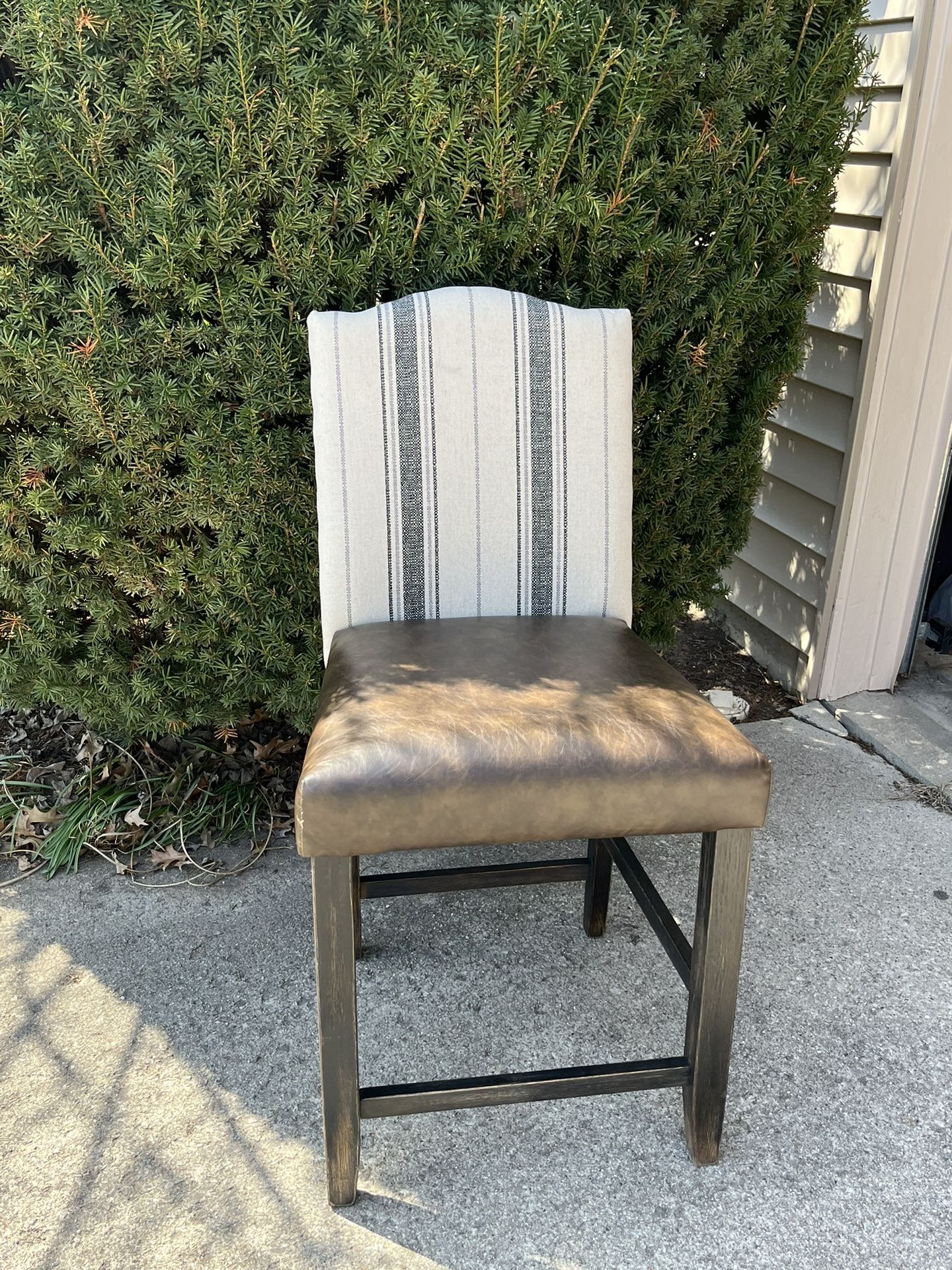 Chair Is Brown Leather With Cream, Grey & Black Stripes. Upholstered Barstool