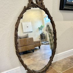 Antique Ornate Oval Wall Mirror – Carved Wood, Rococo/Victorian Revival