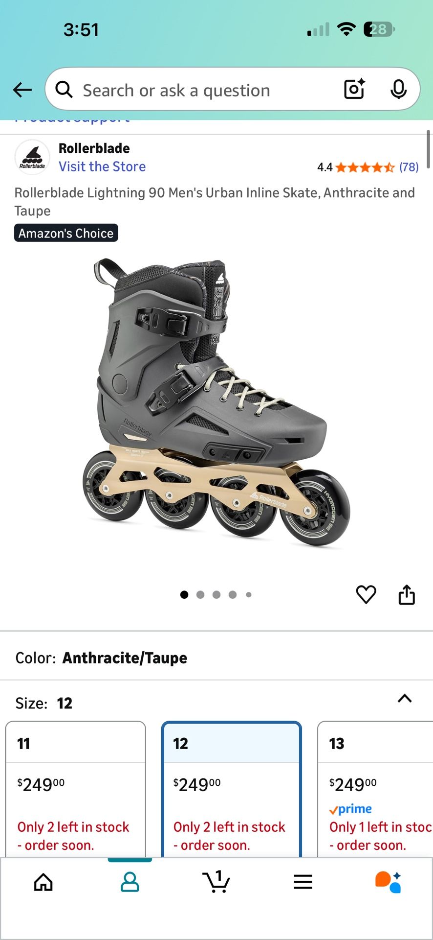 Rollerblade Lightning 90 Men's Urban Inline Skate, Anthracite and Taupe