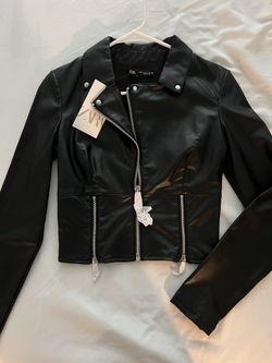ZARA FAUX LEATHER ZIPPERED JACKET - Womens Black XS NWT