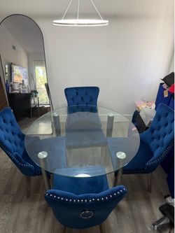 Modern Glass Dining Table with 4 Blue Velvet Chairs