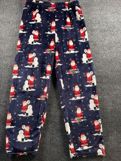 Women’s Large Christmas Pajama Pants Santa Snowman Navy Plush Fleece Holiday