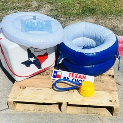 VINTAGE NEW INFLATABLE INNER-TUBE FOOT PUMP & INFLATABLE FLOATING COOLER & TEXAS PRIDE HEB STYROFOAM COOLER & TEXAN BY CHOICE BUMPER STICKER!! 