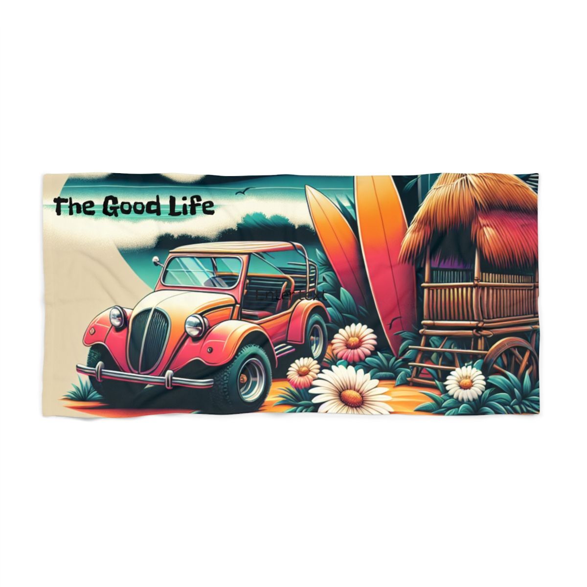“The Good Life Beach Towel 30x60 | Retro Car Surfboard Palm Paradise Summer Travel”