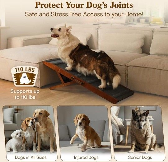 Dog Ramp – Adjustable Wooden Ramp for Dogs to Get on Bed, Sofa, and Couch – Walnut Wood Design for Small and Medium Breeds with Non-Slip Carpet Finish