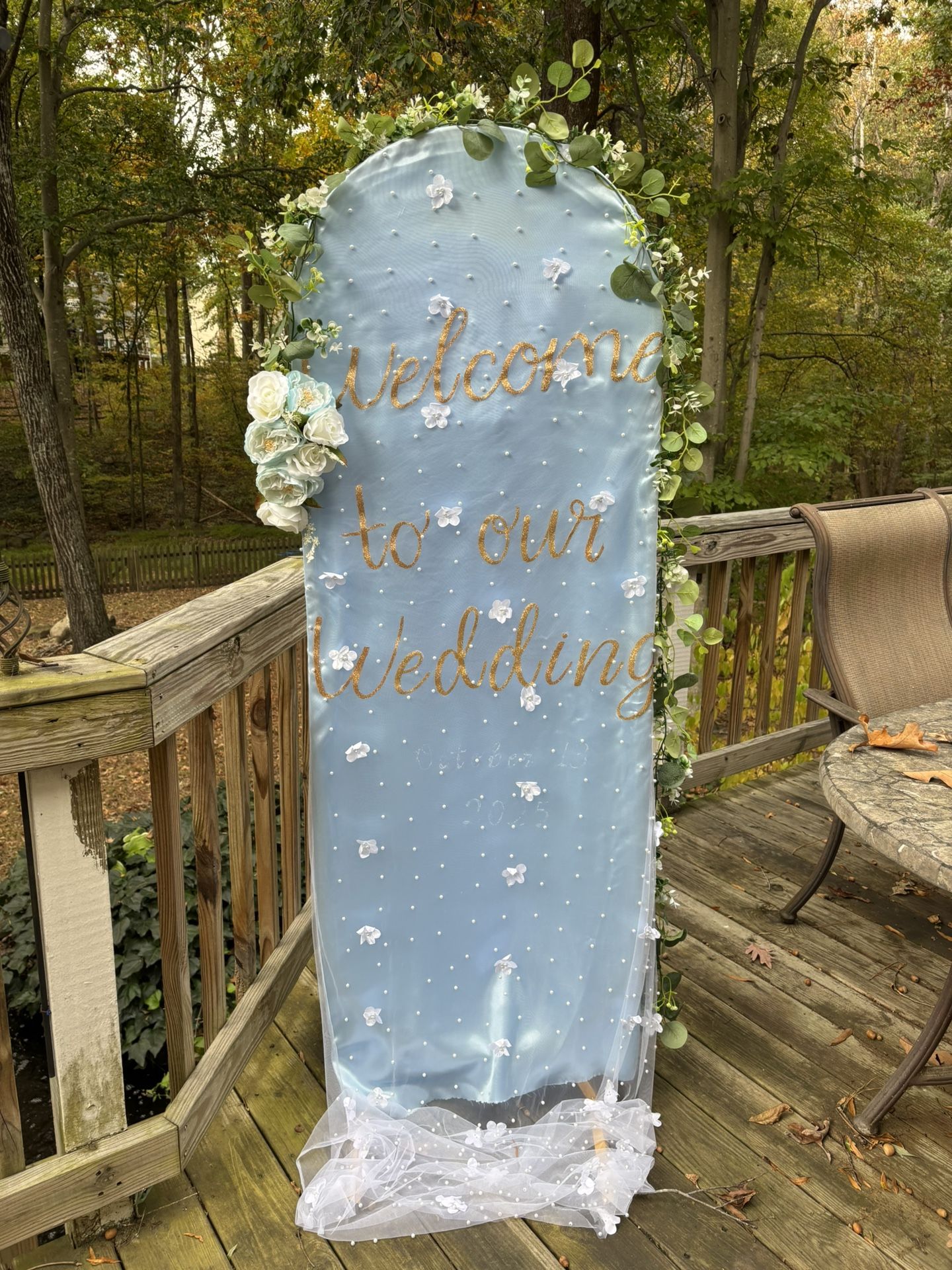 Custom Welcome to Our Wedding Arch Sign – Blue, Pearl & Floral Design