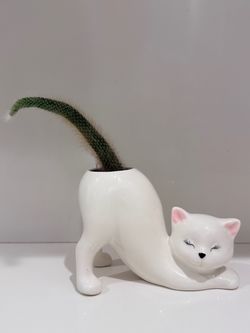 White Ceramic Cat Planter with Cactus