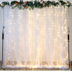 White Tulle Backdrop Curtain with Lights String for Parites 10×8ft Sheer Backdrop Curtains White Curtain Backdrop for Wedding Baby Shower Birthday Par