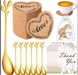 Yiyiring100 Pack Bridal Shower Tea Party Favor For Guest Wedding Favors 25 Heart Cork Coasters 25 Leaf Tea Spoon 25 Thank You Card With Organza Bag Br