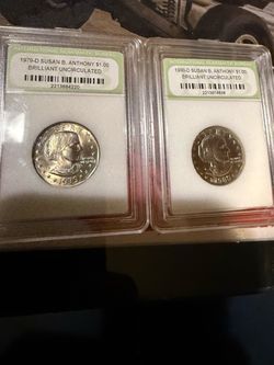 1979 – D, 1980 – D Susan B Anthony uncirculated one dollar coin coins
