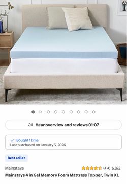 Mainstays 4 in Gel Memory Foam Mattress Topper, Twin XL
