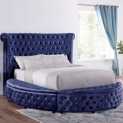 Blue Velvet Round Bed Tufted Headboard Storage Only Available In Size Queen $1,040 & Cal King $1,140 Firm Price USB Ports On Each Side Of Headboard