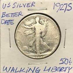 RARE KEY DATE 1927-S LITE TONED SILVER WALKING LIBERTY HALF DOLLAR