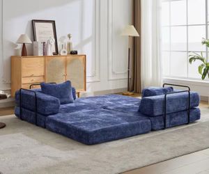 78.74 in W Square Arm Chenille Rectangle Convertible Floor Sofa in Dark Blue Floor Sofa Bed, No Assembly Required