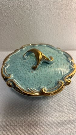 Vintage , California Pottery Aqua & Gold Covered Dish