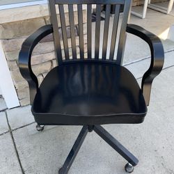 Solid Heavy Wood Desk Chair. Swivel, Tilt, Wheels, Black Stained Finish, Has Curved Seat For Comfort