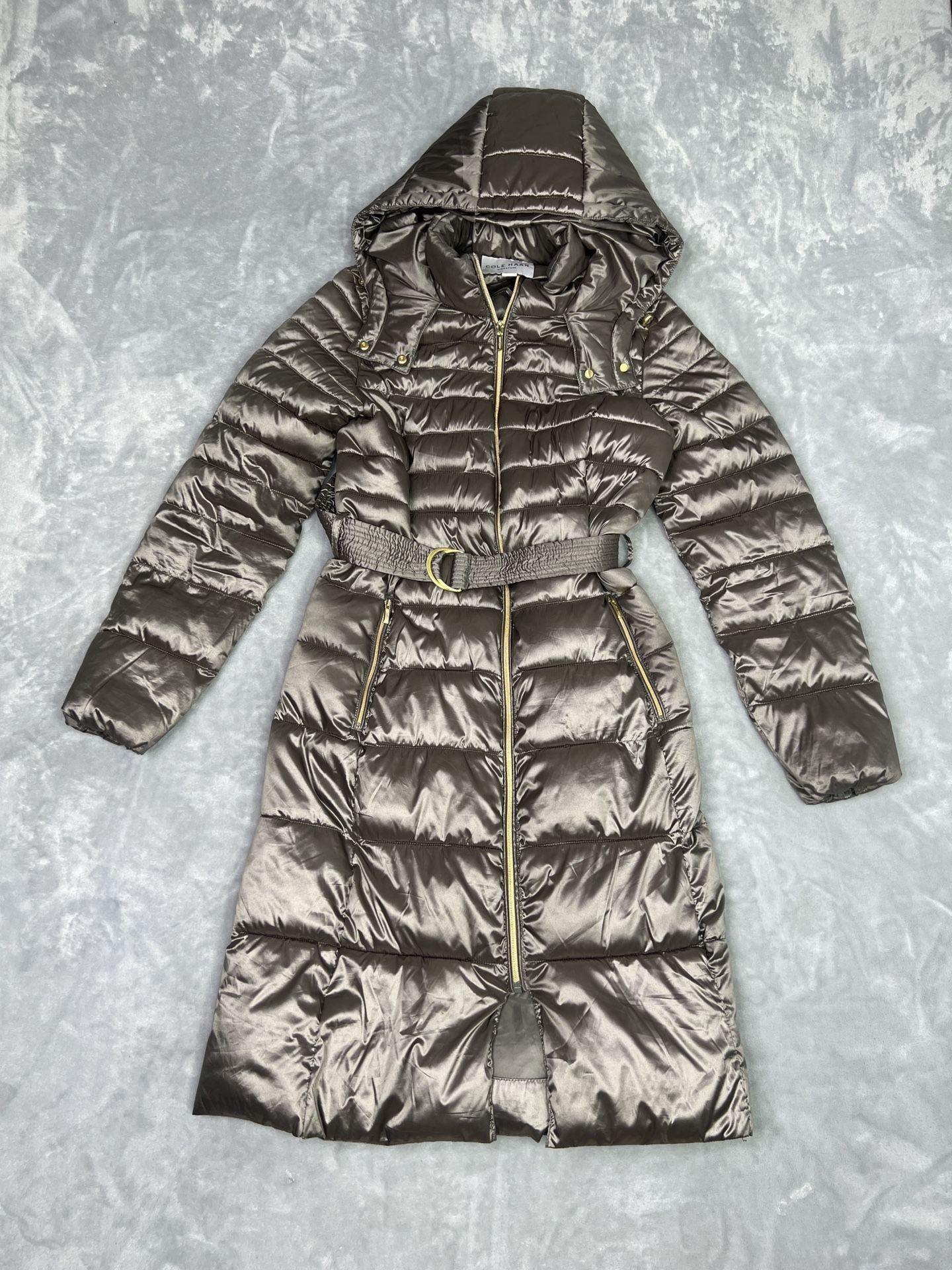Cole haan High-Shine Belted Hooded Puffer Coat Size Small