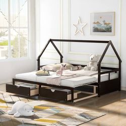 NEW Espresso Extending Daybed with Two Storage Drawers, Twin to King Daybed House Bed Frame