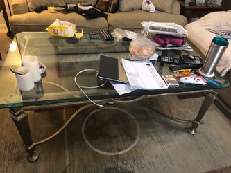 Wrought iron frame, thick glass coffee table