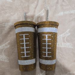 🏈New! Rhinestone Bedazzled Sparkle Football 24 Oz. Game Day Cup New W/ Straw Gorgeous! ( Reseda  Ca)