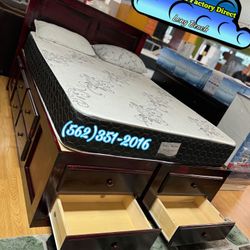 Storage Bed Frame Queen Size Cherry With Drawers And Mattress 