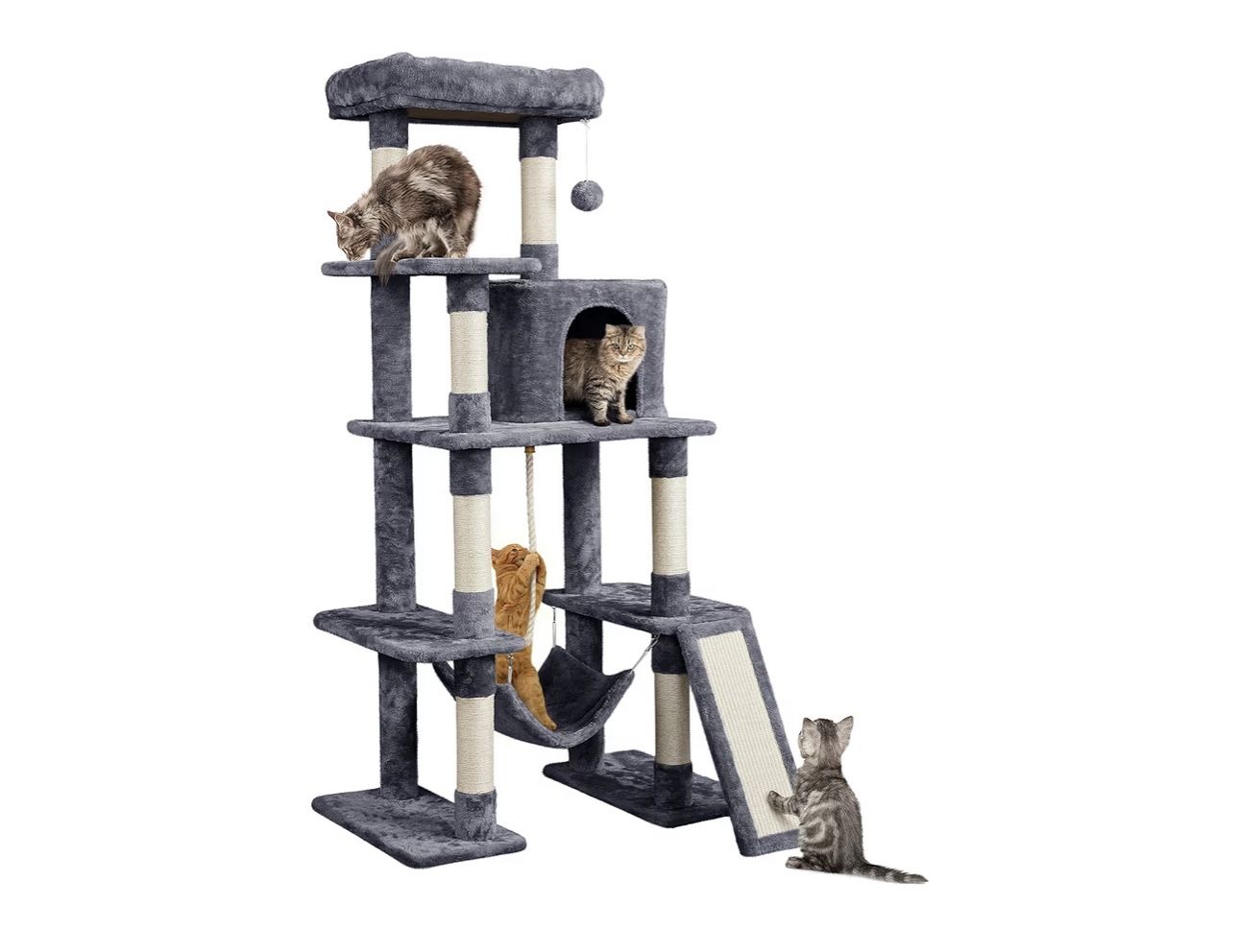Large Multi-Level Cat Tree, 63 Inches Tall with Sisal-Covered Scratching Posts, Condo, Hammock, Dangling Ball, and Extended Platform for Cats to Play 