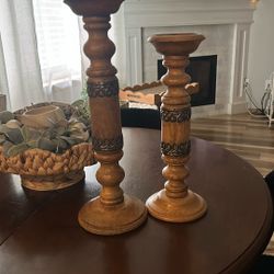 Two Solid Wood Candle Holders 
