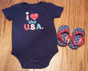 unisex baby 4th of July outfit. 6-9 months. Onesie worn once sandals never worn.