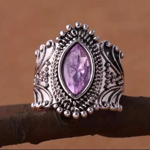 Luxurious Ring Faux Silver Purple Gemstone Saphire Horse Eye Resin Size 10 - Tribal Jewelry Weddings - Rare Diamond Style For Bride Stylish Zirconia