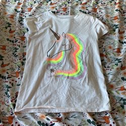 White Short T-shir With A Light Pink, Orange, Yellow, Green, Purple, Gold And Black Unicorn 