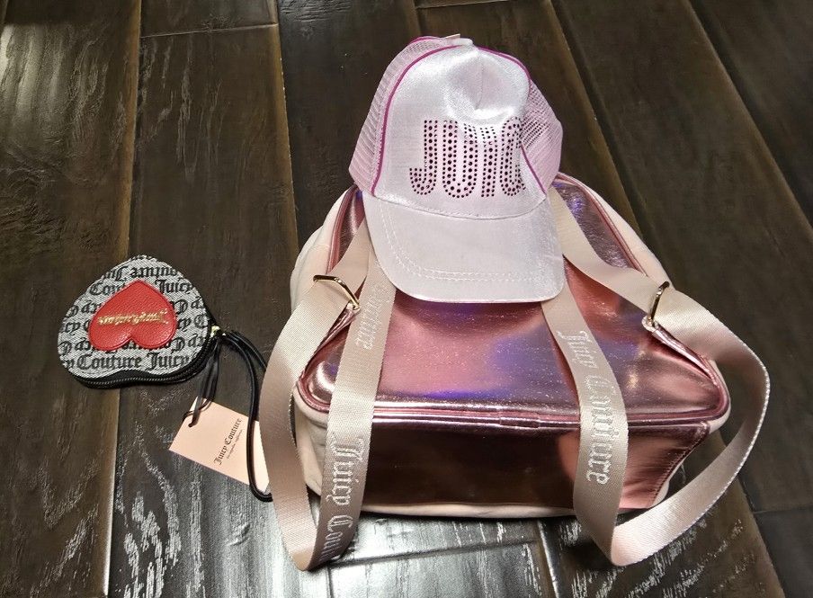 Pink Juicy Couture backpack and hat and black , grey red 