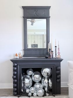 Matte Black Faux Fireplace Mantle, Overmantel Mirror & Disco Ball Set