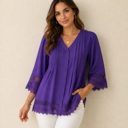 Collections Etc Pintuck Lace Trim Button Down Tunic Blouse Size M casual party
