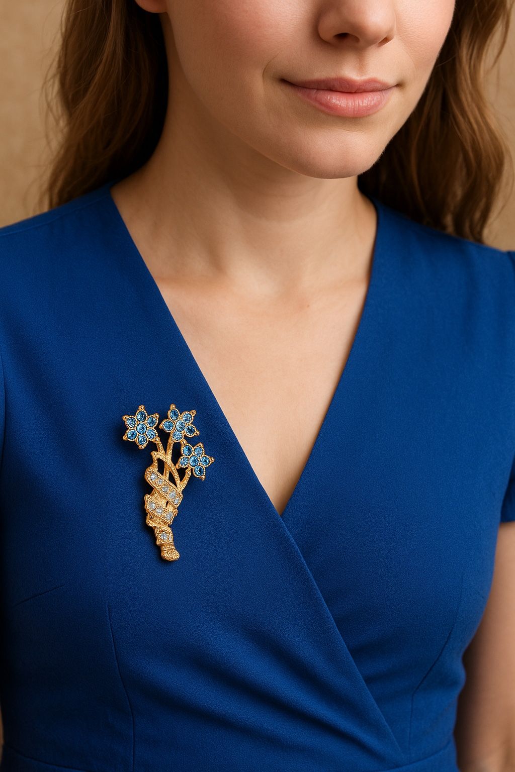 Roman 1980s Gold-Tone Blue Rhinestone Floral Spray Brooch, 1x1.5”