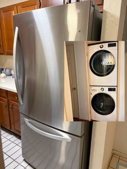 LG Stainless Steel French Door Refrigerator + LG ThinQ Washer & Dryer Set + Mirror comes as a gift