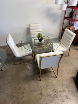 Modern Glam Round Glass Dining Set – Gold Geometric Base & 4 White Tufted Chairs