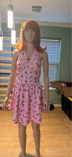 Pink Cherry Print Halter Mini Dress