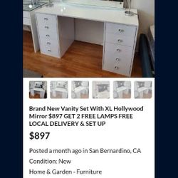 Brand New Vanity Sets 
Diferwnt Styles 
Hollywood Mirrors
Bluetooth, Bright LED Lights
Price On Pics

FREE LOCAL DELIVERY & SET UP
ORDER HERE PAY UPON