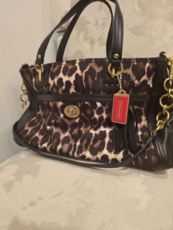 Coach Leopard Print Medium Satchel Top Handle Turn Lock Zip Gold Hardware Charm