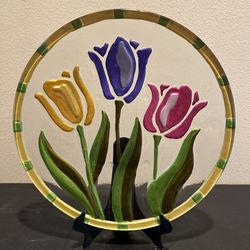 SPRING TULIPS Glass Fusion Plate 2010 Lori Siebert for Silvestri by DEMDACO 11”D