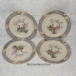 Lenox Ming Salad Plates Set of 5 Vintage Fine China Pink Floral Bird Gold Trim