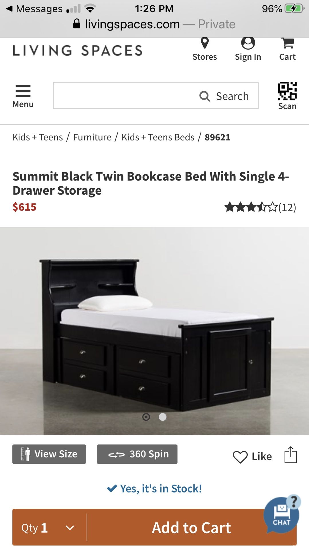 1 black twin bed with drawers and storage