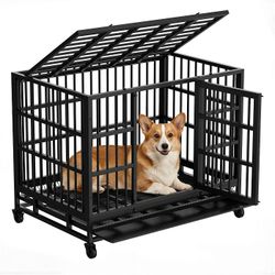 38 inch Heavy Duty Crates for Large Dog, Indestructible and Escape-Proof Cage Kennel with Lockable Wheels, Double Door High Anxiety with Removable Tra